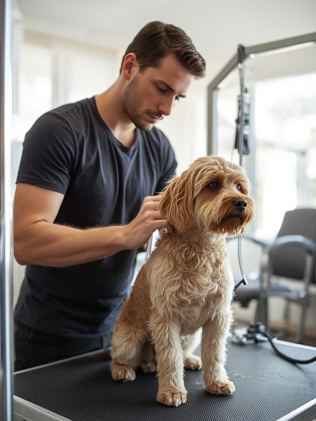 Groomer brushing a tan-colored dog on a grooming table indoors.