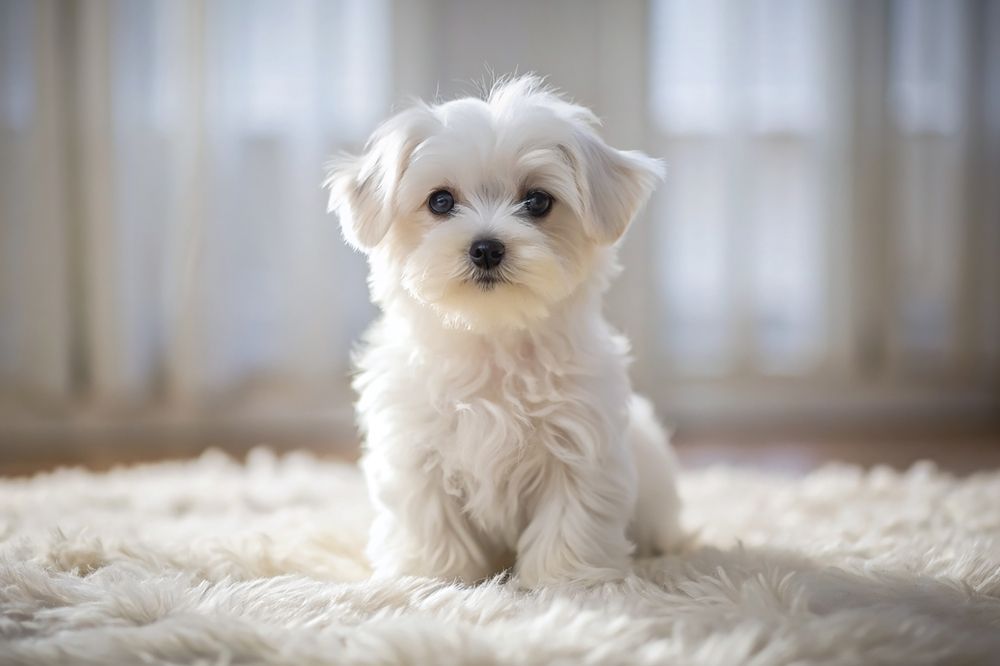 White Maltese puppy sitting on a white fluffy rug.