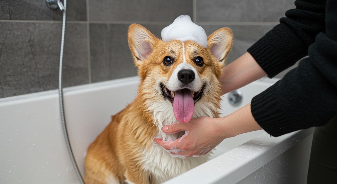 Corgi dog with soapy bubbles on its head being bathed in a tub, smiling with tongue out.