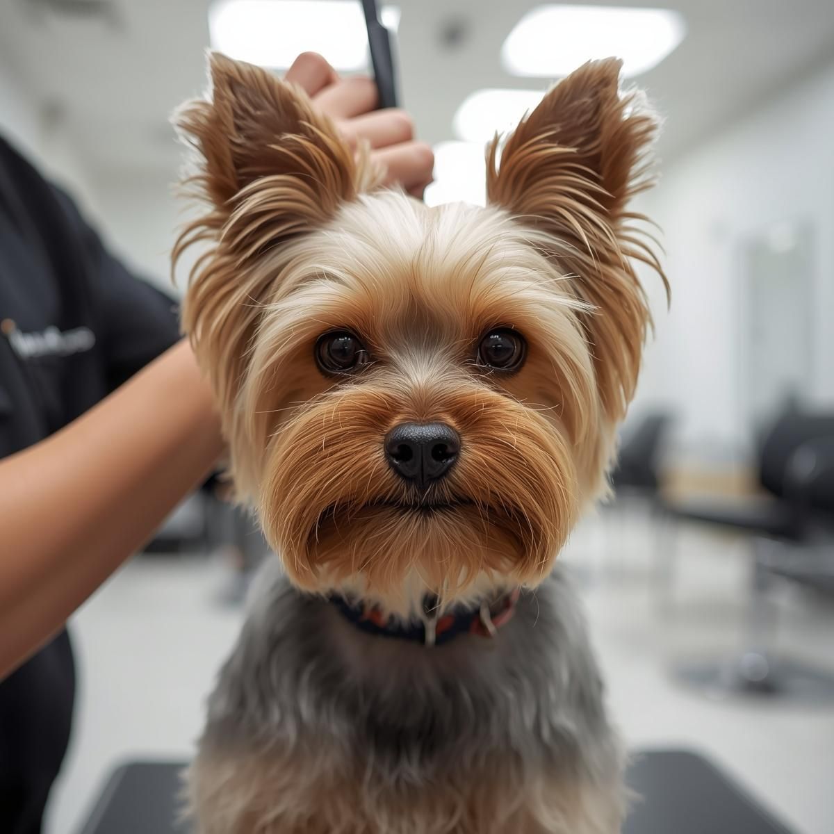 Yorkshire terrier getting groomed, looking at camera. Tan and gray fur, brown eyes.
