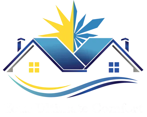 A logo showing two house silhouettes under a sun and snowflake motif, underlined by a curved yellow and blue wave.