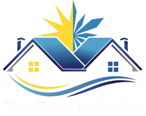 A logo showing two house silhouettes under a sun and snowflake motif, underlined by a curved yellow and blue wave.