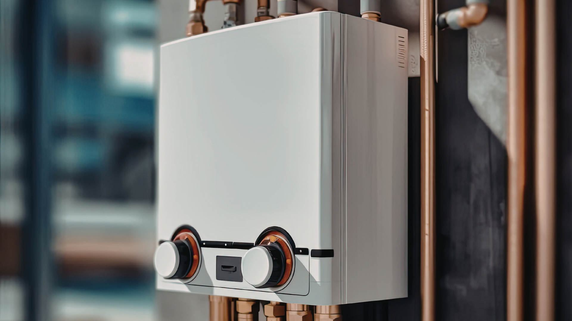 A white wall-mounted tankless water heater with two control knobs, positioned against a background of copper pipes.