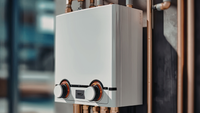 A white wall-mounted tankless water heater with two control knobs, positioned against a background of copper pipes.