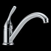 A close up of a chrome kitchen faucet on a black background.