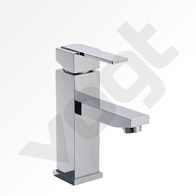 A chrome faucet with a square handle on a white background