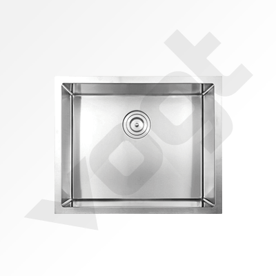 A stainless steel kitchen sink with a drain hole