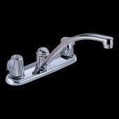 A chrome kitchen sink faucet on a black background.
