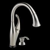 A stainless steel kitchen faucet with a soap dispenser on a black background.