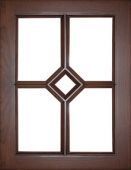 A wooden window with a stained glass design on a white background.