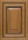 A close up of a wooden cabinet door with a brown frame.