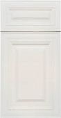 A close up of a white cabinet door on a white background.