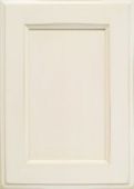 A close up of a white square cabinet door.