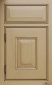 A close up of a beige cabinet door with drawers.