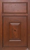 A close up of a wooden cabinet door with drawers.