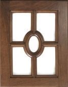 A wooden window with a circle in the middle on a white background.