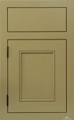 A close up of a beige cabinet door with a square frame.