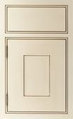 A white cabinet door with a square drawer in the middle.