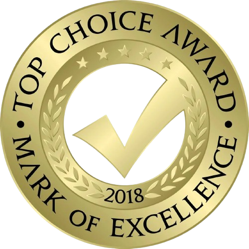 A gold medal that says top choice award mark of excellence