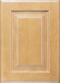 A close up of a wooden cabinet door on a white surface.