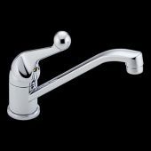 A close up of a chrome kitchen faucet on a black background.