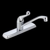 A chrome kitchen sink faucet on a black background.