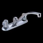 A chrome kitchen sink faucet on a black background.
