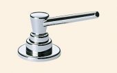 A close up of a chrome faucet handle on a white background.