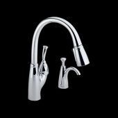 A kitchen faucet with a soap dispenser attached to it on a black background.