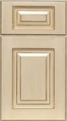 A close up of a beige cabinet door on a white background.
