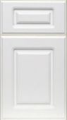 A close up of a white cabinet door on a white background.