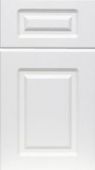 A close up of a white cabinet door on a white background.