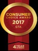 A red ribbon with a gold circle that says consumer choice award 2017.