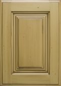 A close up of a wooden cabinet door on a white background.
