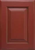 A close up of a red cabinet door.