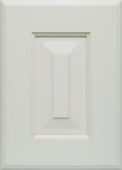 A close up of a white cabinet door on a white background.