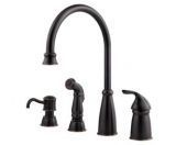 A black kitchen faucet with a sprayer and soap dispenser.