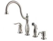 A stainless steel kitchen sink faucet with three handles and a sprayer.