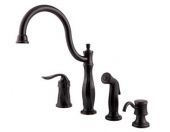 A black kitchen faucet with three handles and a sprayer on a white background.