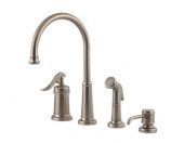 A kitchen sink faucet with a sprayer attached to it on a white background.