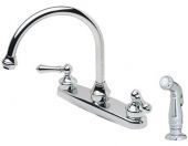 A chrome kitchen sink faucet with a sprayer attached to it.