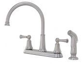 A stainless steel kitchen sink faucet with a sprayer attached to it.