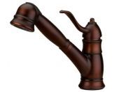 A brown kitchen faucet with a pull out sprayer on a white background.