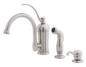 A stainless steel kitchen sink faucet with a sprayer attached to it.