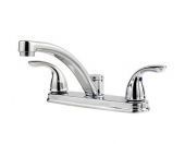 A chrome kitchen sink faucet with two handles on a white background.