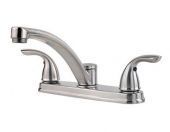 A stainless steel kitchen sink faucet with two handles on a white background.