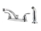 A kitchen sink faucet with a sprayer attached to it.