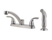 A stainless steel kitchen sink faucet with a sprayer attached to it.