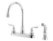 A chrome kitchen sink faucet with two handles and a sprayer.
