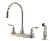 A stainless steel kitchen sink faucet with a sprayer attached to it.